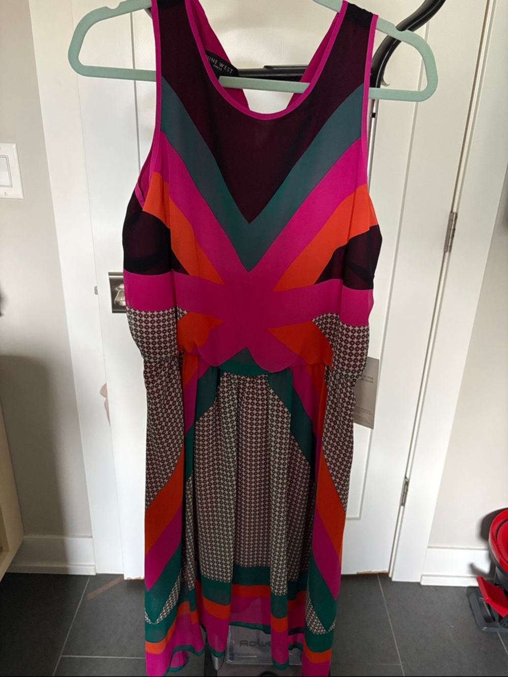 Nine West Fuchsia, Teal & Orange Geometric Sleeveless Maxi Dress